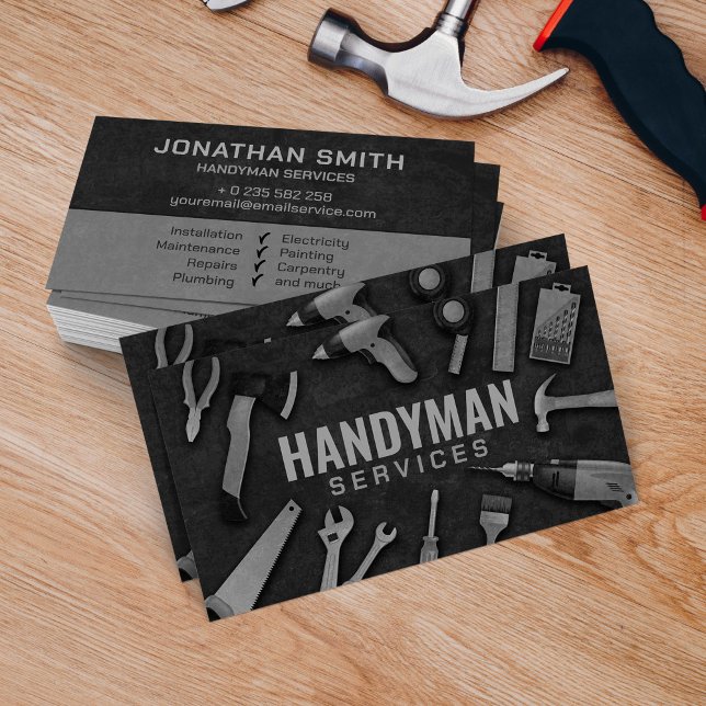 Carte De Visite Handyman services grayscale outils grunge (Créateur téléchargé)