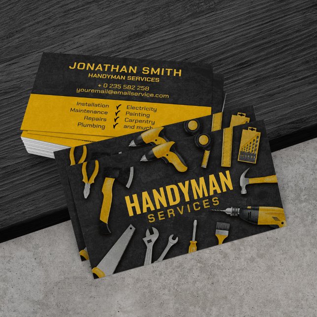 Carte De Visite Handyman services outils jaunes grunge (Créateur téléchargé)