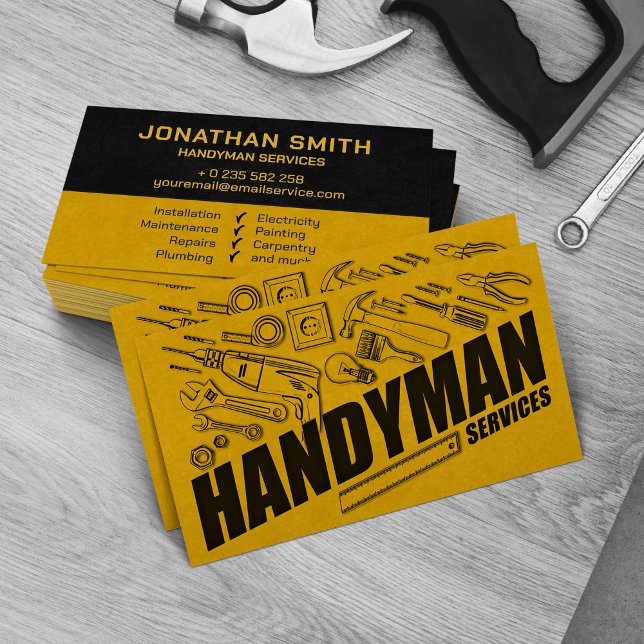 Carte De Visite Handyman services outils jaunes grunge (Créateur téléchargé)