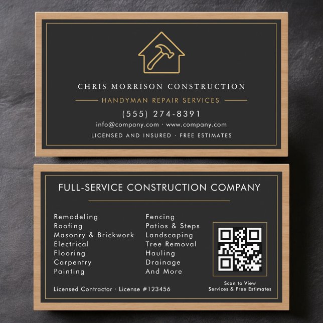 Carte De Visite Handyman Wood QR Code Construction Black Gold  (Créateur téléchargé)