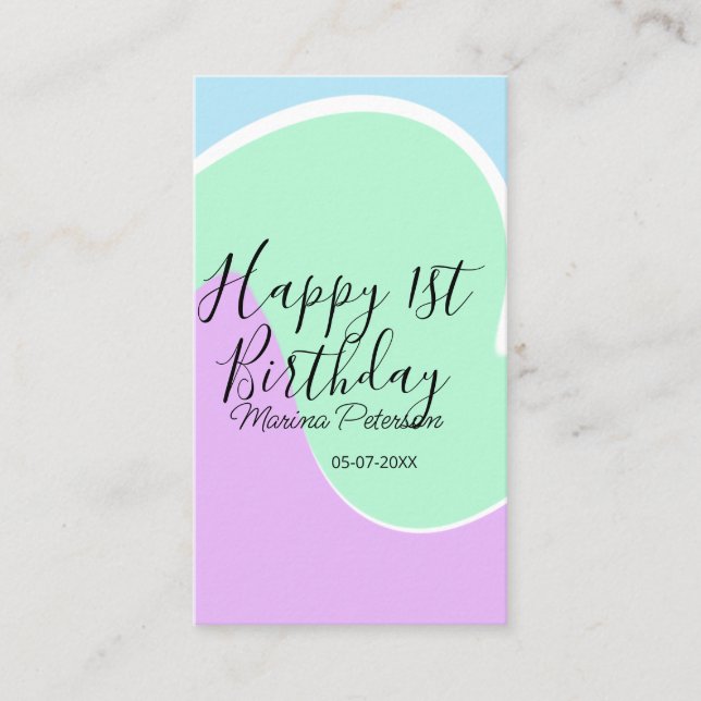 Carte De Visite Happy 1st birthday pink green blue acrylic pour  (Devant)