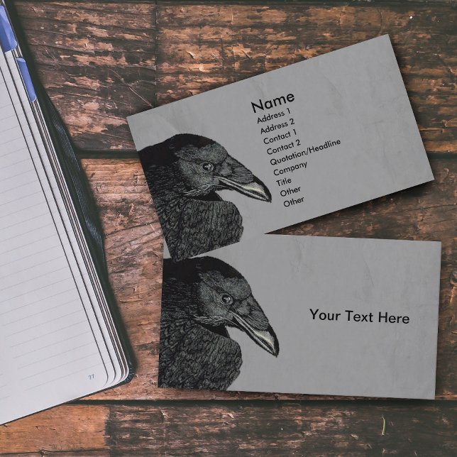 Carte De Visite Hauning Black Crow Face Grey (Illustration of head beak of black crow on marbled grey business cards.)