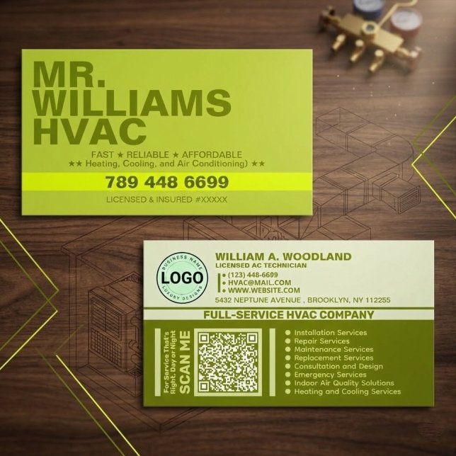 Carte De Visite Heating & Cooling & Air Conditioning | Green HVAC (logo air conditioning contractor cards, heating tech business cards, modern cards with QR code)