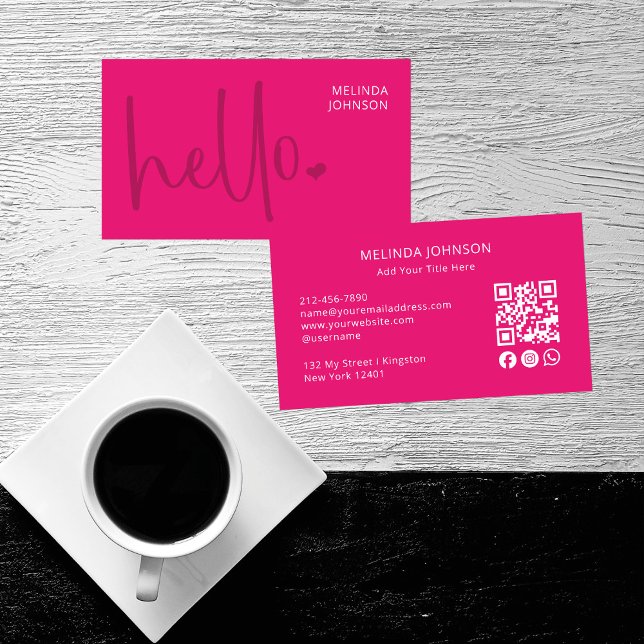 Carte De Visite Hello Heart Hot Pink Script QR Code Social Media (Créateur téléchargé)
