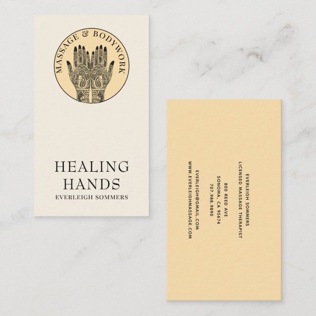 Carte De Visite Henna Massage Healing Arts Hands Business Card (Devant / Derrière)
