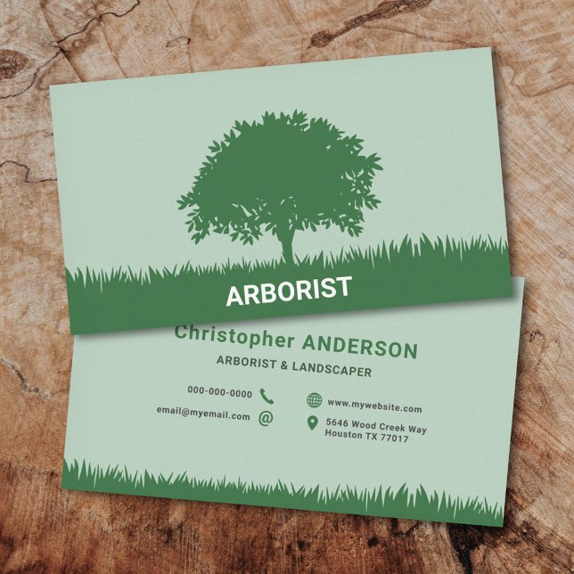 Carte De Visite Herbe, Silhouette Arbre - Arboriste et Paysagère (Grass, Tree Silhouette - Arborist & Landscaper Business Card)