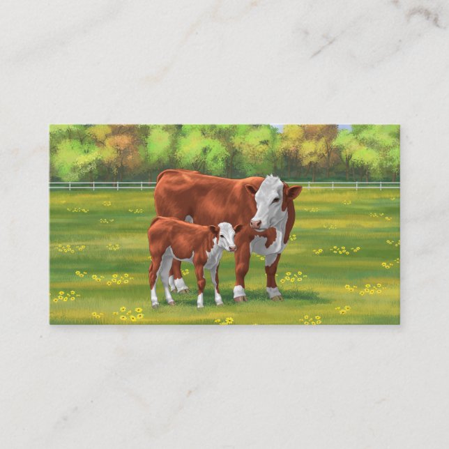 Carte De Visite Hereford Cow & Cute Calf dans les pâturages d'été (Devant)