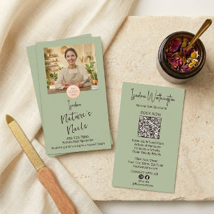 Carte De Visite Héritage Artisanal Vert Sauge Photo Ongle Logo QR