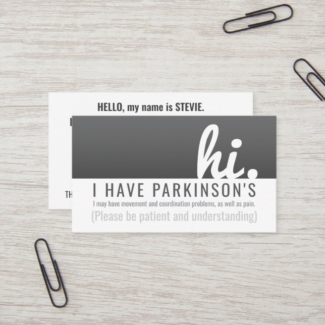 Carte De Visite hi parkinsons maladie patience pvc badge (Devant/Arrière en situation)
