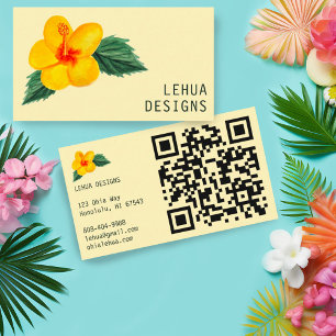 Carte De Visite Hibiscus d'or Aquarelle Code QR tropical unique