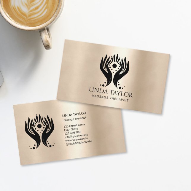 Carte De Visite Holistic Massage Hands Therapy Healer Energy (massage therapist hands logo, gold background)
