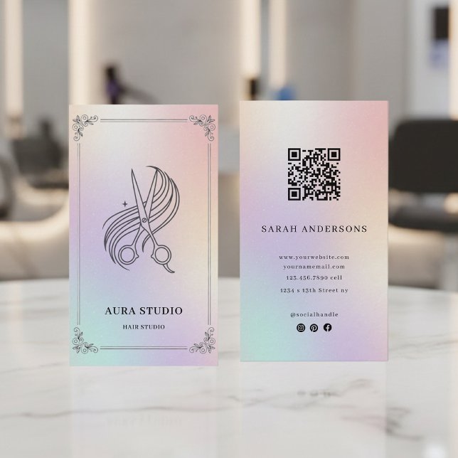 Carte De Visite Holographic Hair Stylist Card with QR Code (Créateur téléchargé)