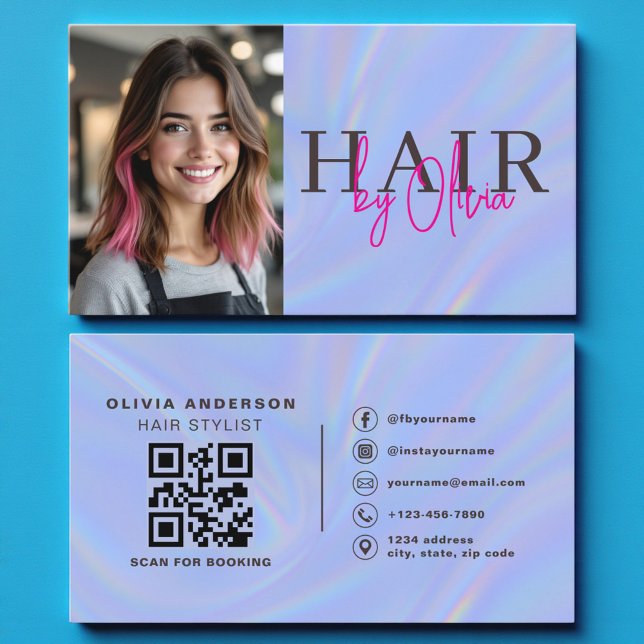Carte De Visite Holographic Hair Stylist Photo QR Code  (Créateur téléchargé)