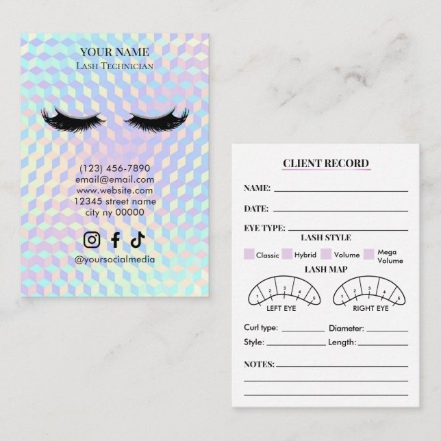 Carte De Visite Holographic Lash Client Record Form (Devant / Derrière)