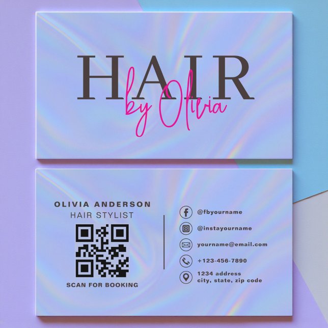 Carte De Visite Holographic QR Code Hair Stylist Modern (Créateur téléchargé)