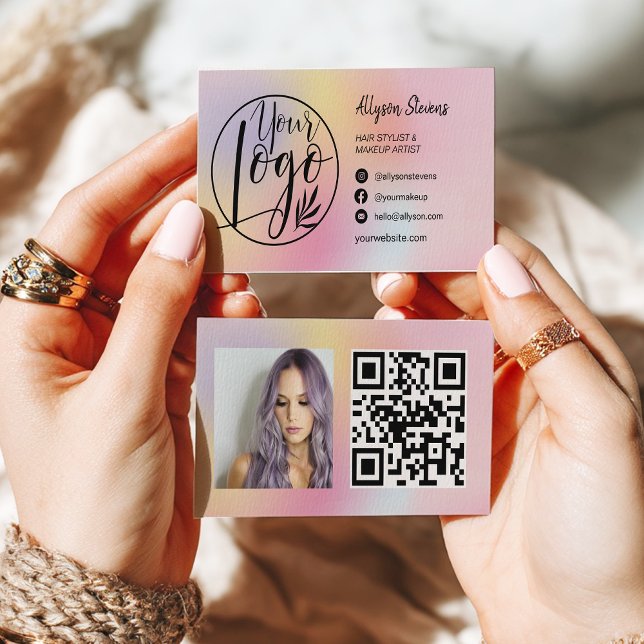 Carte De Visite Holographic rainbow hair makeup photo logo qr code (Holographic rainbow hair makeup photo logo qr code business card)