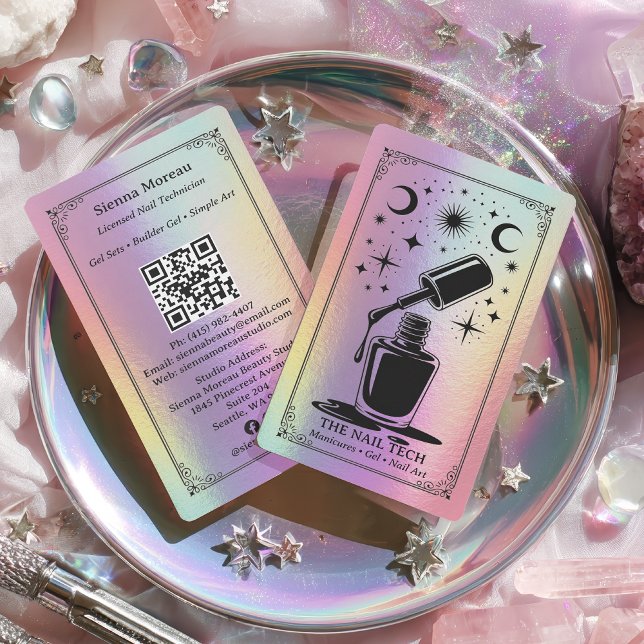 Carte De Visite Holographic Retro Celestial Tarot Nail artist QR (Holographic Retro Celestial Tarot Nail artist QR Business Card)