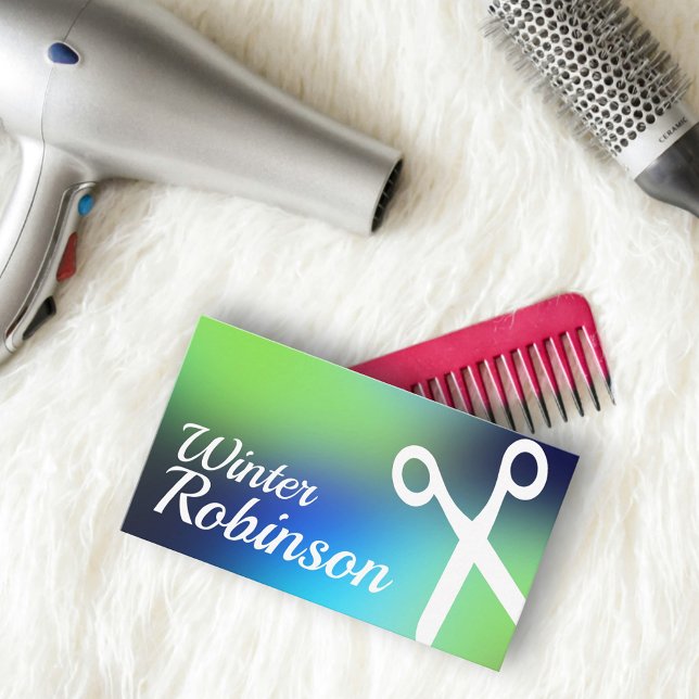 Carte De Visite Holographique bleu vert turquoise coiffeuse (Hologram gradient design for hairstylist salon business card )