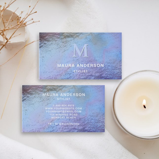 Carte De Visite Holographique bleu violet moderne Monogramme éléga (holographic business card teal blue purple navy lavender shimmer hairdresser stylist coach artist )