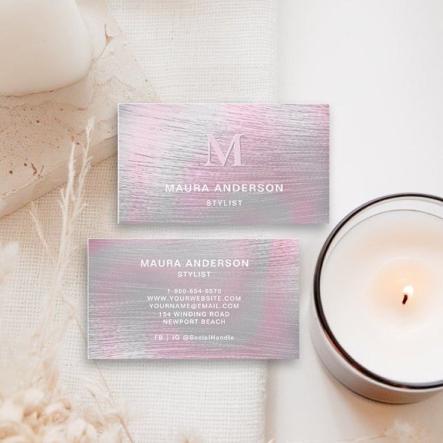 Carte De Visite Holographique Brossé rose moderne Monogramme éléga (holographic business card brushed pink monogram shimmer hairdresser stylist coach artist lash nails )