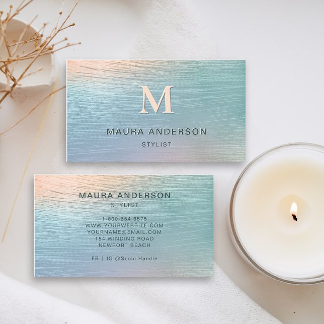 Carte De Visite Holographique brossé Turquoise moderne Monogramme  (holographic business card teal pink blush shimmer hairdresser stylist coach artist lash nails makeup)