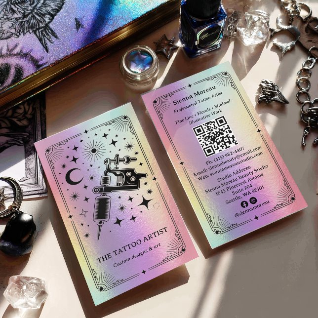 Carte de visite holographique céleste tarot pour t (Holographic Celestial Tarot Tattoo artist QR Business Card)