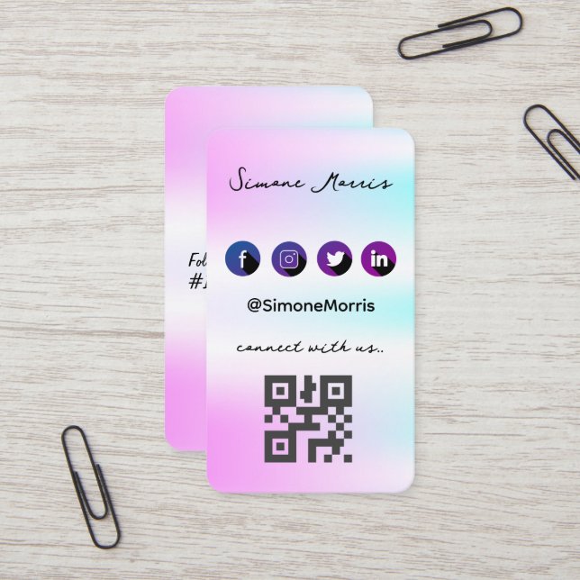 Carte De Visite Holographique Design-Social Media QR Code (Devant/Arrière en situation)