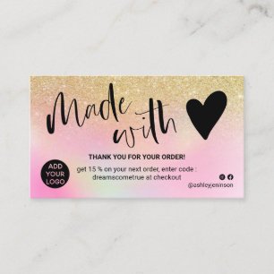 Carte De Visite Holographique en or chic merci fait avec amour