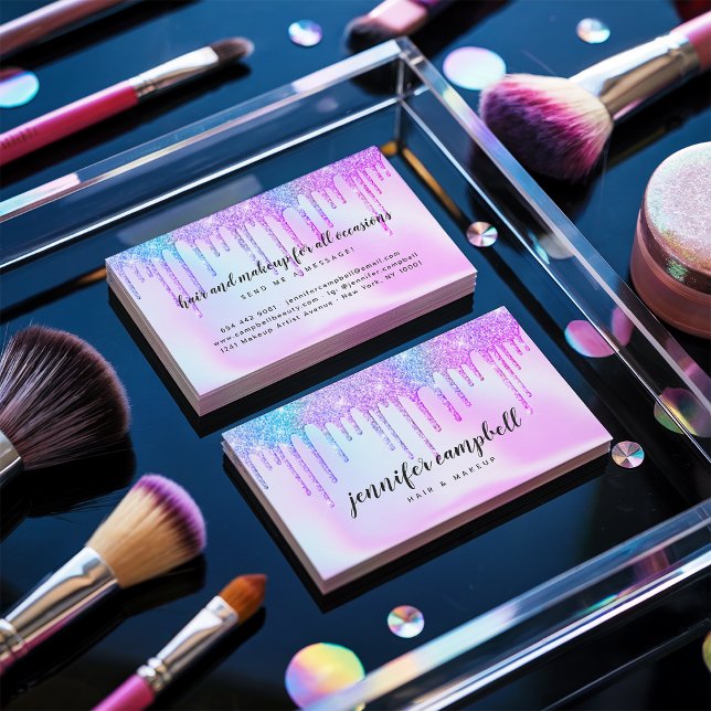 Carte De Visite Holographique licorne maquillage cheveux rose gout (Holographic unicorn makeup hair pink glitter drips)