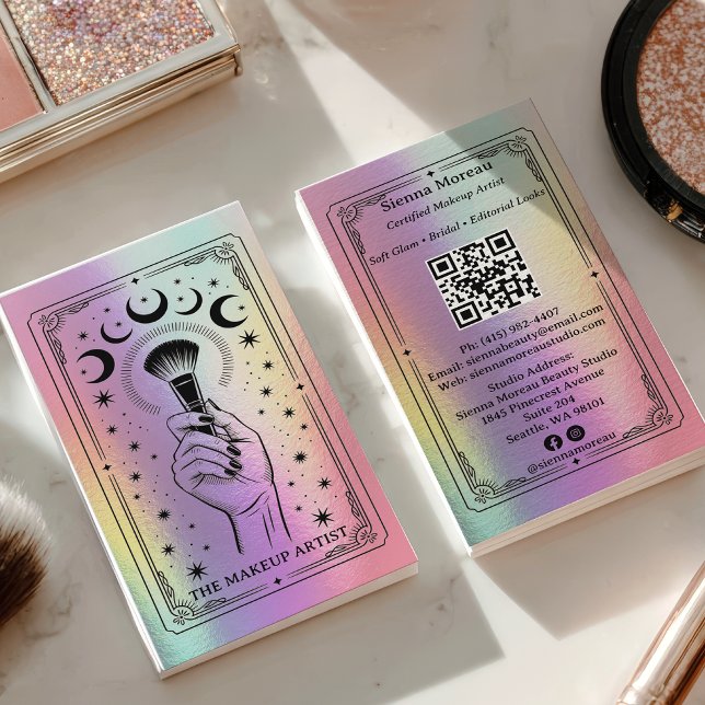 Carte de visite holographique Makeup Rainbow Celes (Holographic Rainbow Celestial Tarot Makeup QR Business Card)