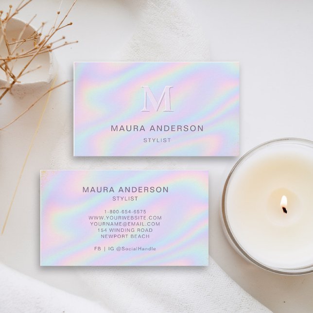 Carte De Visite Holographique rose violet moderne Monogramme éléga (holographic business card pink purple shimmer hairdresser stylist coach artist lash nails makeup)