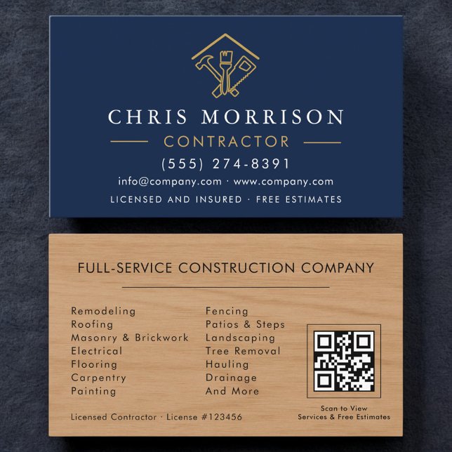 Carte De Visite Home Improvement Navy Blue QR Code Wood  (Créateur téléchargé)