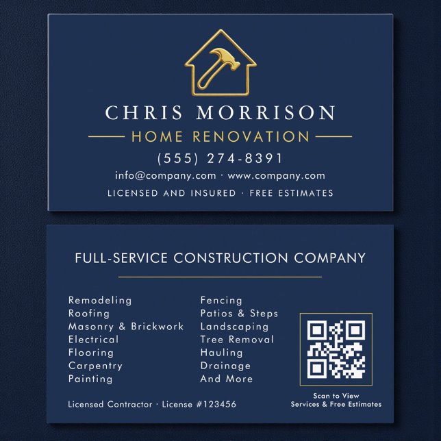 Carte De Visite Home Renovation Metallic Navy Blue Gold QR Code (Créateur téléchargé)