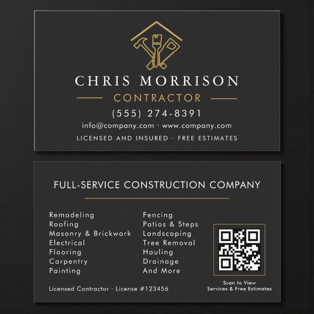 Carte De Visite Home Repairs Contractor Black Gold QR Code (Créateur téléchargé)