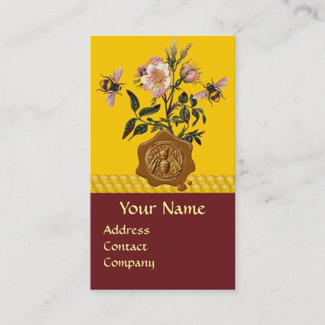 CARTE DE VISITE HONEY BEE AND WILD ROSES, BEEKEEPER WAX SEAL (Devant)