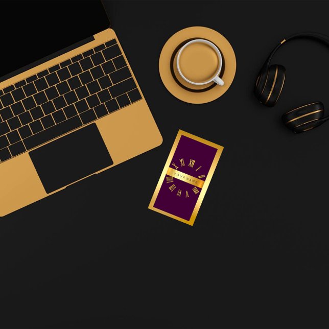 Carte De Visite Horloge romaine de cadre doré violet vertical (Gold Frame Roman Clock Purple Vertical Business Card)