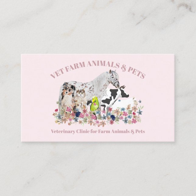 Carte De Visite Horse Cow Sheep Dog Cat Pink Farm Animals (Devant)