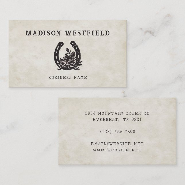 Carte De Visite Horseshoe Rose Equestrian Farm Ranch Horse (Devant / Derrière)