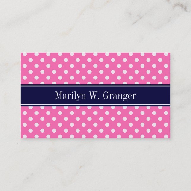 Carte De Visite Hot Pink #2 Wht Polka Dots Navy Blue Name monogram (Devant)