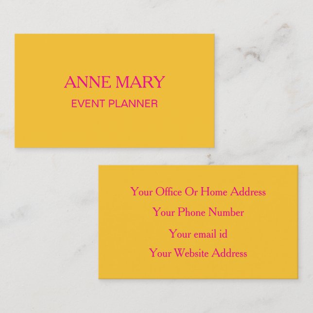 Carte De Visite Hot Pink Orange Golden Gold Yellow Event Planner (Devant / Derrière)