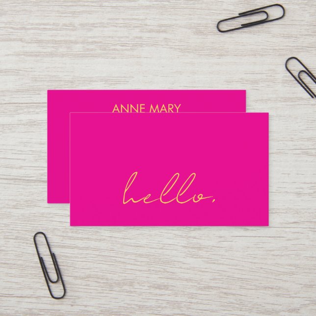 Carte De Visite Hot rose orange jaune Hello Typographie de script (Devant/Arrière en situation)