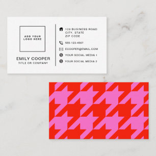 Carte De Visite Houndstooth moderne Ajouter Logo Neon rose et roug