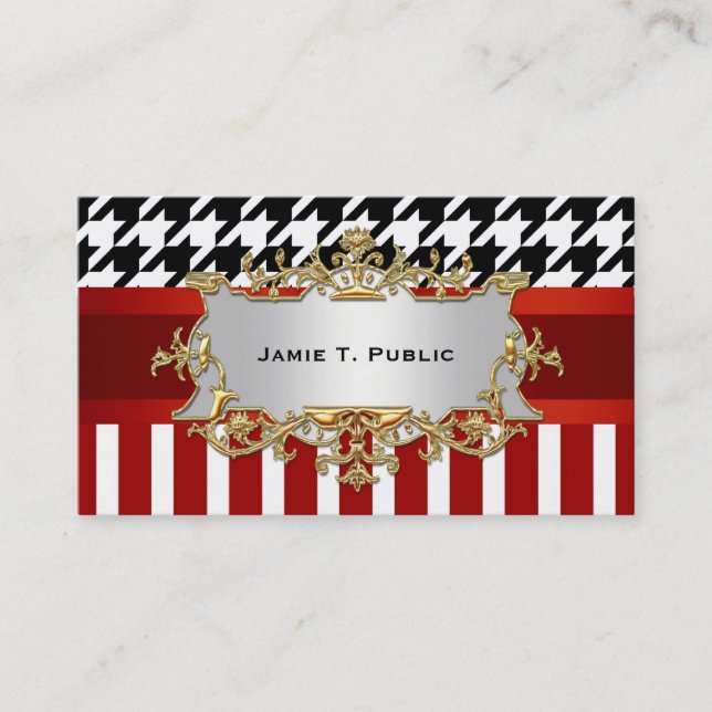 Carte De Visite Houndstooth Rouge Wht Stripe, Ruban Rouge, Étiquet (Devant)