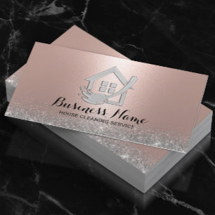 Carte De Visite House Cleaning Modern Rose Gold & Silver Glitter