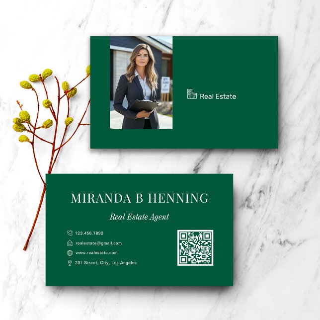 Carte De Visite Hunter Green Real Estate Agent Photo QR Code (Créateur téléchargé)