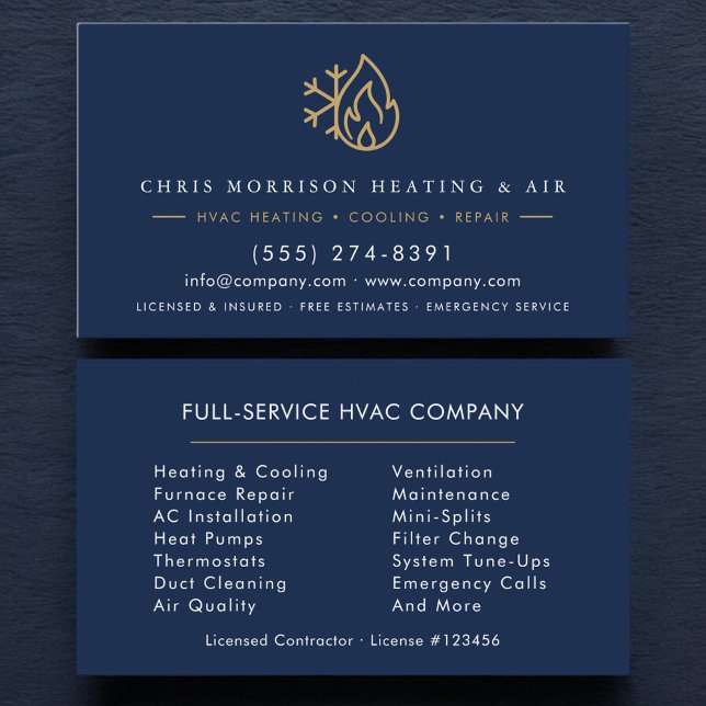 Carte de visite HVAC bleu marine or moderne (Créateur téléchargé)