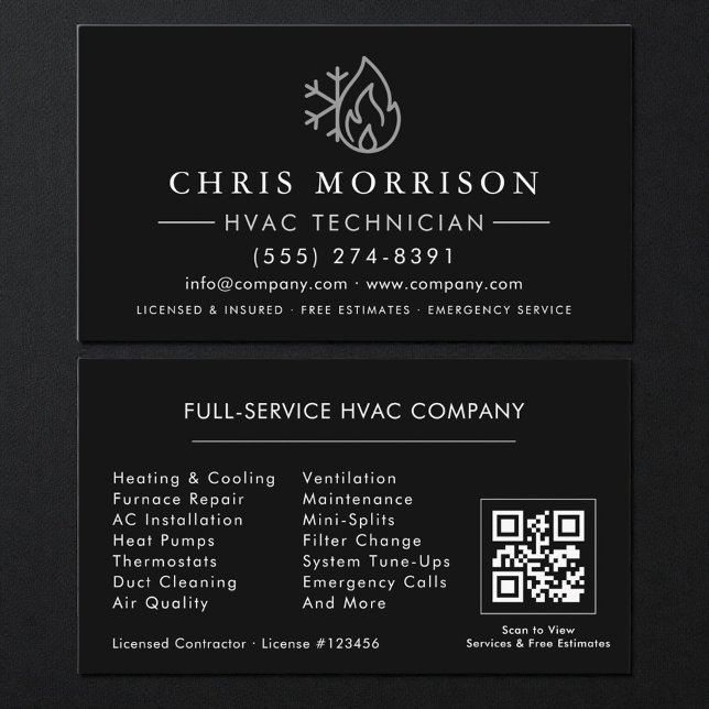 Carte de visite HVAC Noir Argent QR Code (Créateur téléchargé)