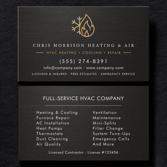 Carte De Visite HVAC Services Company Black Gold Metallic (Créateur téléchargé)