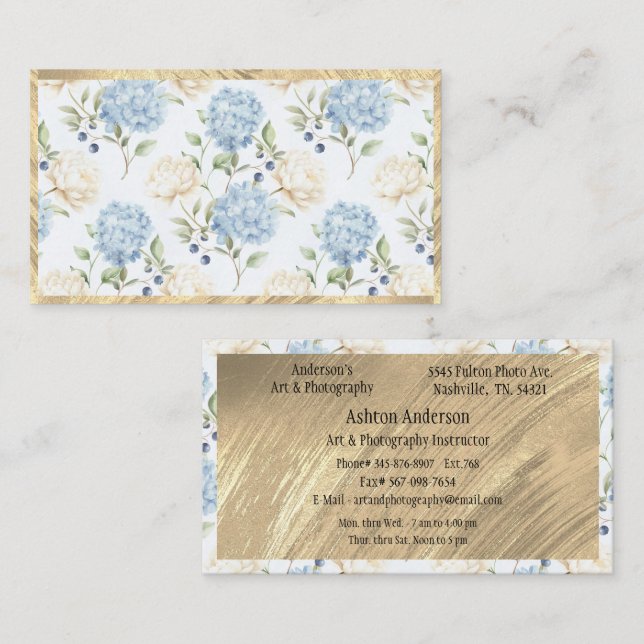 Carte De Visite Hydrangea Florale Bleu Blanc Or Élégant (Devant / Derrière)