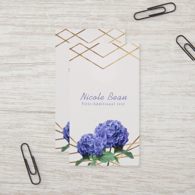 Carte De Visite Hydrangea & Gold Lines Élégant Chic Floral (Devant/Arrière en situation)
